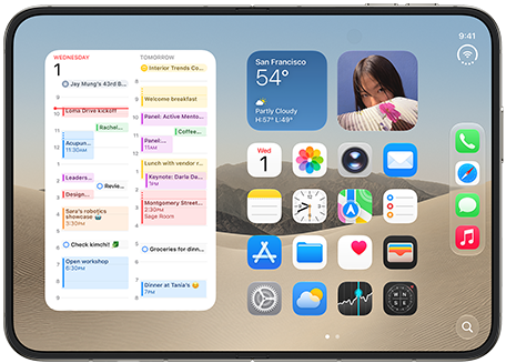 iPhone Duo, opened in landscape orientation, left show calendar widget, right shows iOS home screen