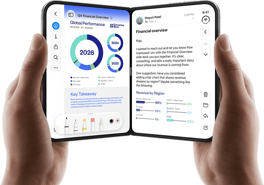 iPhone Duo, held by two hands in open landscape position, left shows a business document in Preview, right shows an email in Mail