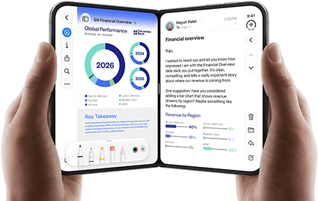 iPhone Duo, held by two hands in open landscape position, left shows a business document in Preview, right shows an email in Mail