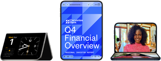 iPhone Duo, various positions: inverted open landscape orientation, unfolded at slight angle, exterior display, all-screen design. Open vertical orientation, screen displays a banking app. Open landscape orientation, unfolded at right angle, interior display, all-screen design