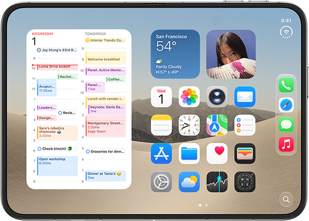 iPhone Duo, opened in landscape orientation, left show calendar widget, right shows iOS home screen